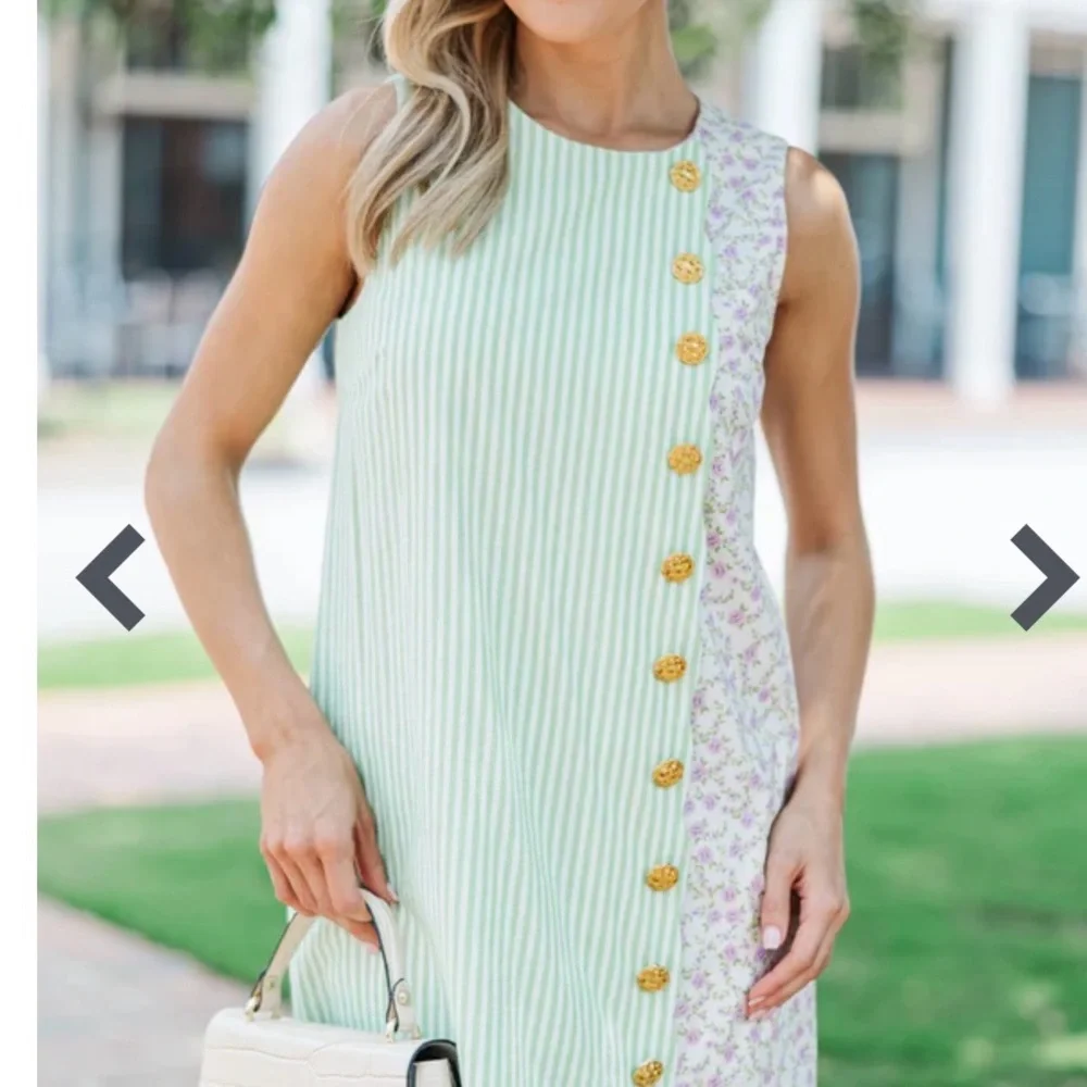 Sleeveless Mint Stripe & Floral Mini Dress with Yellow Button Trim